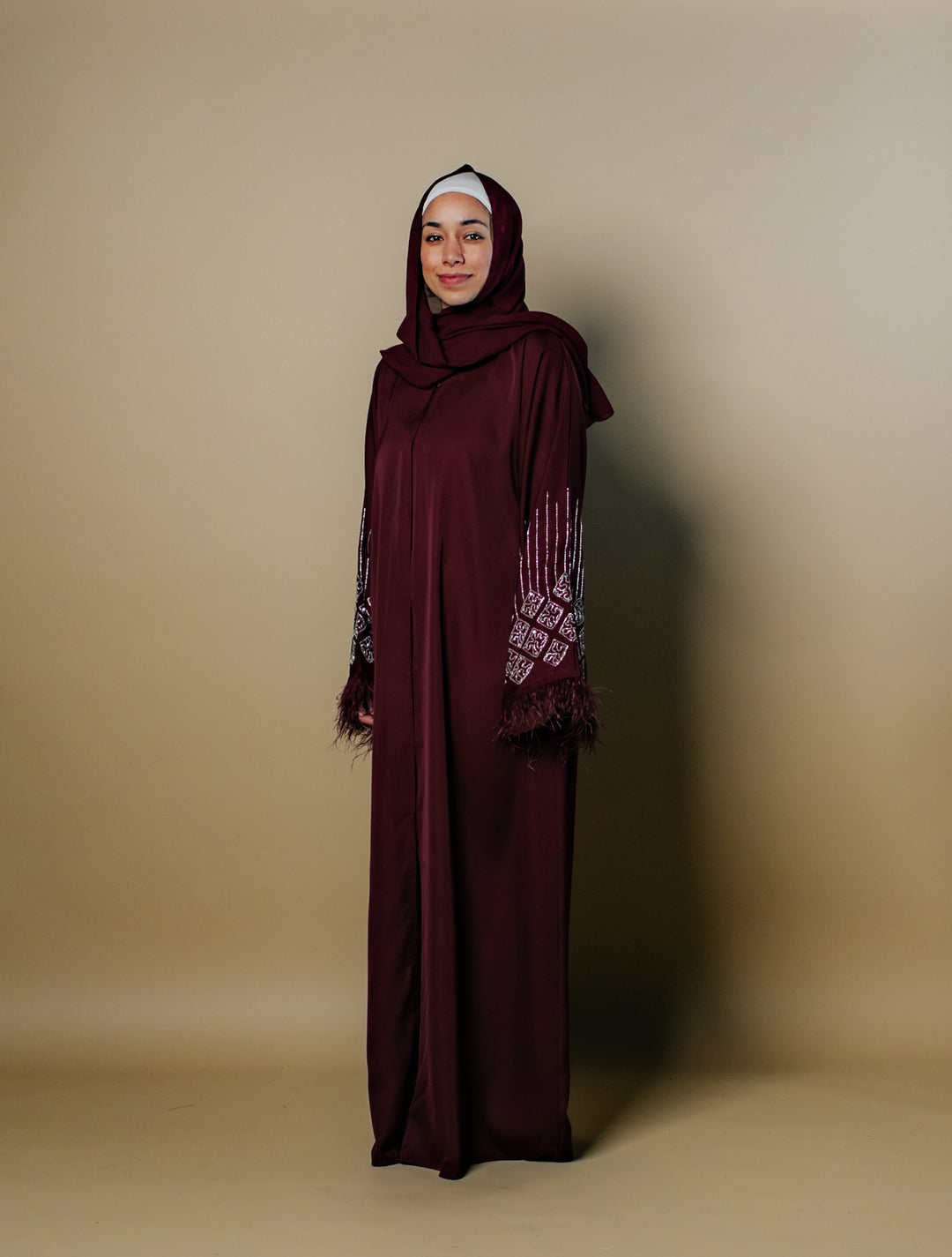 Fatima Nida Fabric One-Piece Abaya with Feathered Sleeves