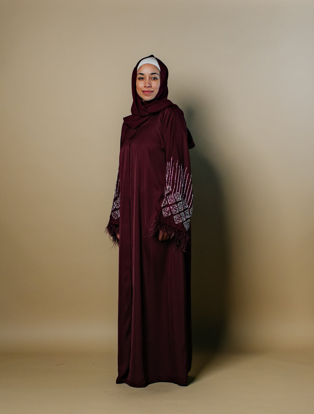 Fatima Nida Fabric One-Piece Abaya with Feathered Sleeves