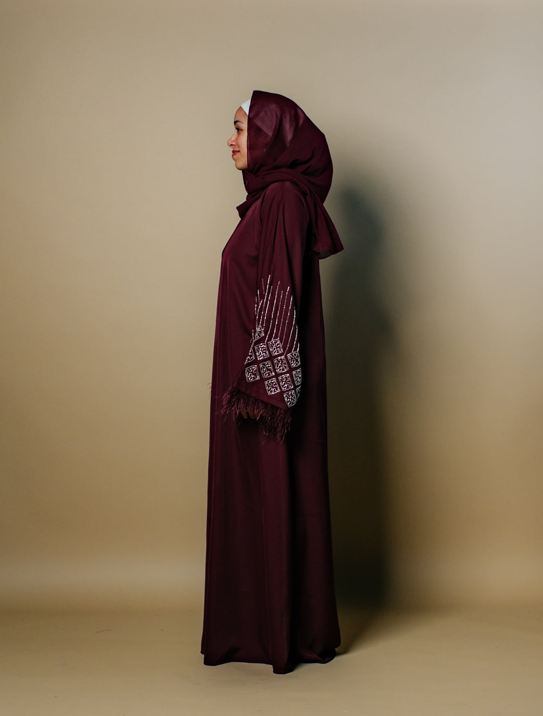 Fatima Nida Fabric One-Piece Abaya with Feathered Sleeves