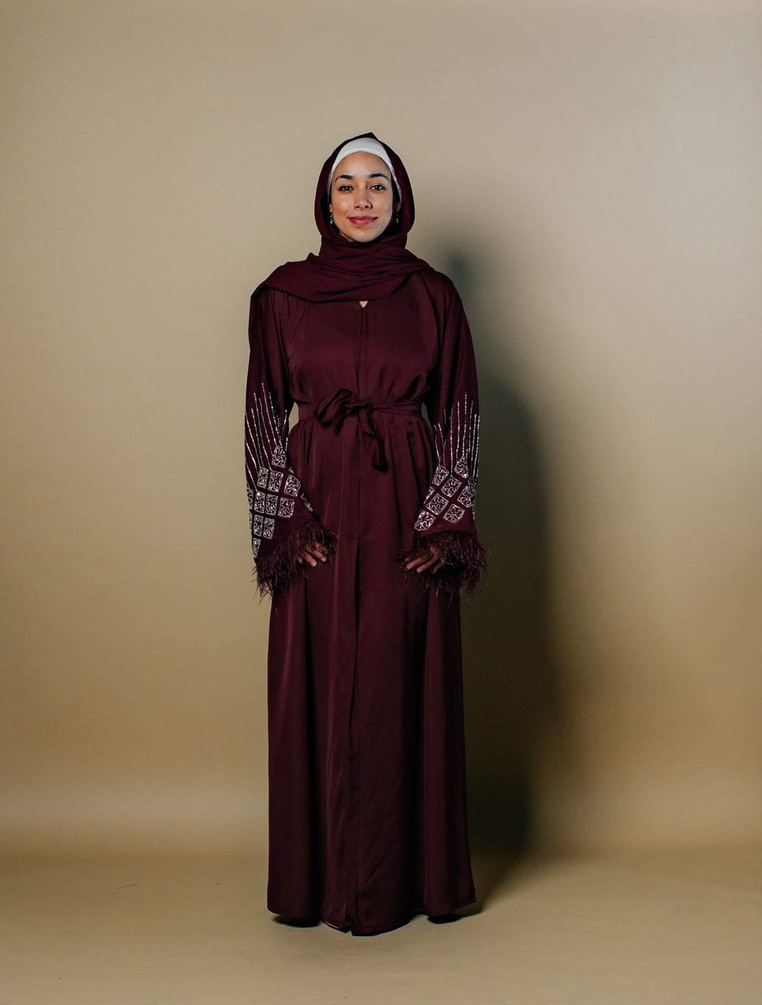 Fatima Nida Fabric One-Piece Abaya with Feathered Sleeves