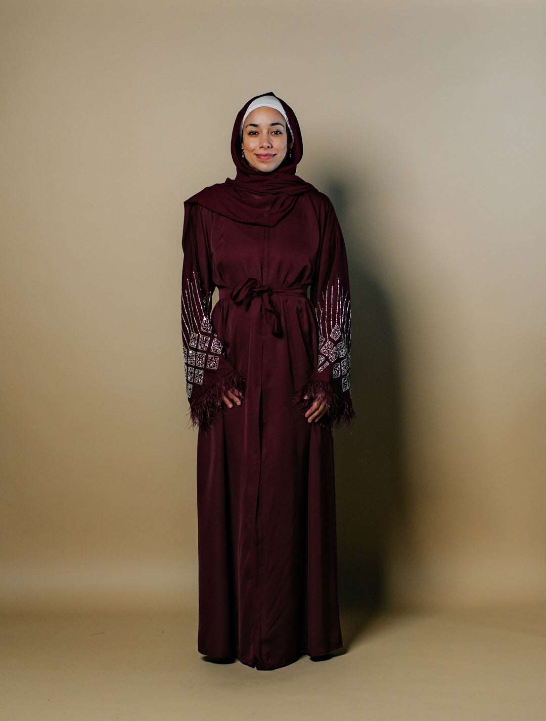 Fatima Nida Fabric One-Piece Abaya with Feathered Sleeves