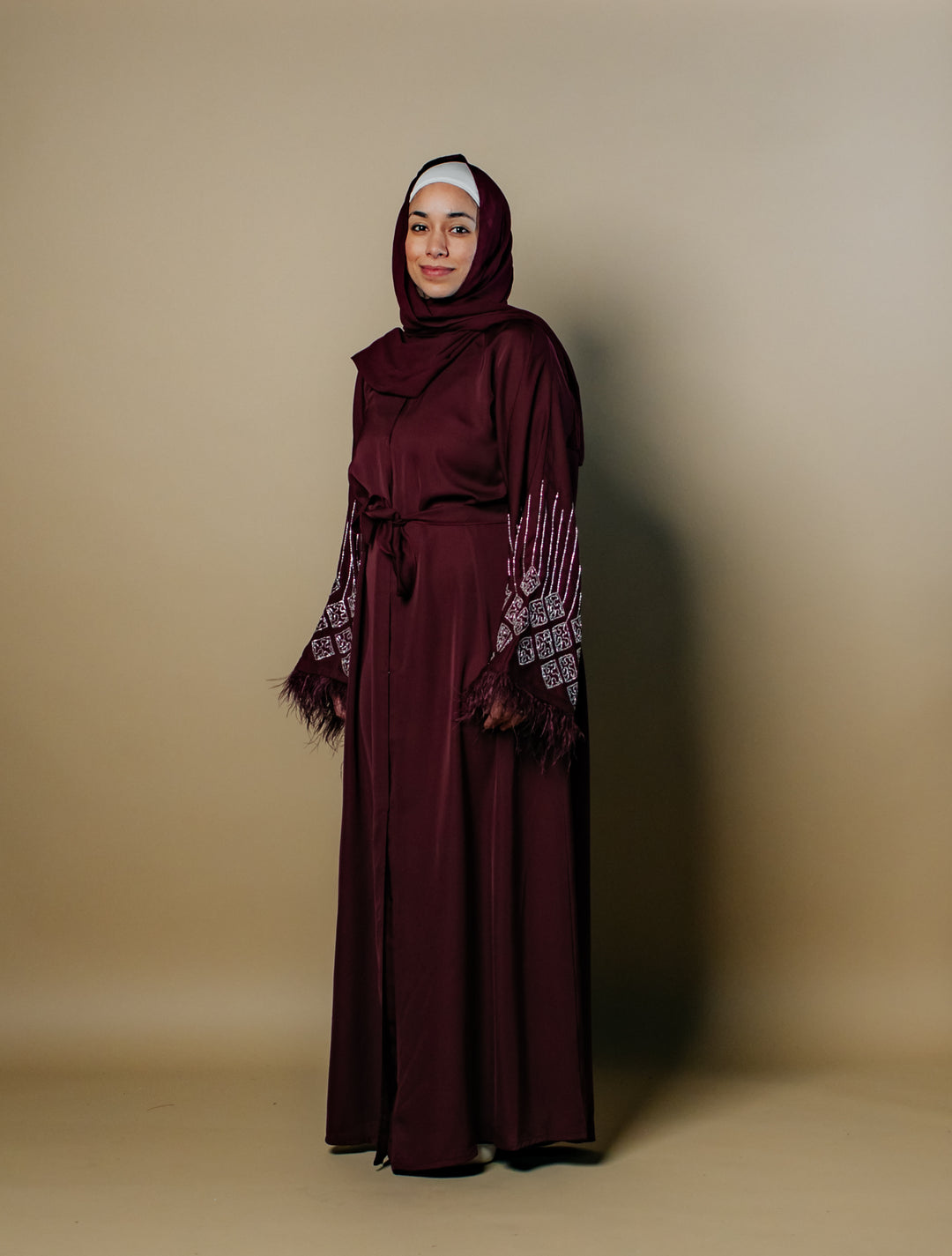 Fatima Nida Fabric One-Piece Abaya with Feathered Sleeves