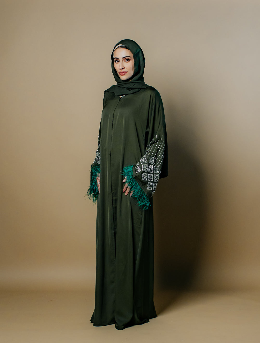 Fatima Nida Fabric One-Piece Abaya with Feathered Sleeves