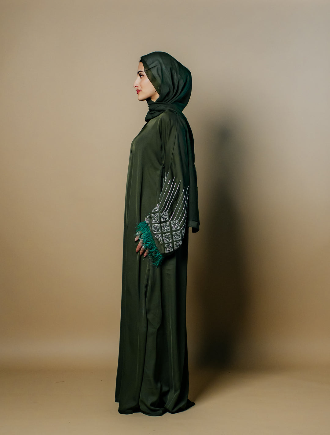 Fatima Nida Fabric One-Piece Abaya with Feathered Sleeves