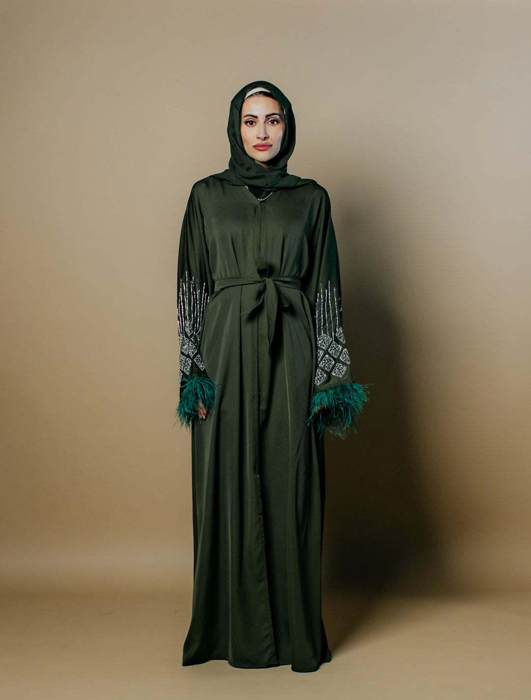 Fatima Nida Fabric One-Piece Abaya with Feathered Sleeves