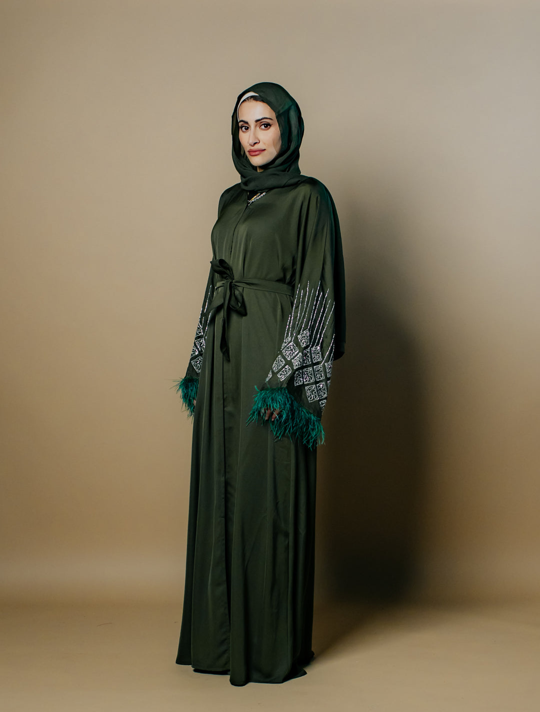 Fatima Nida Fabric One-Piece Abaya with Feathered Sleeves