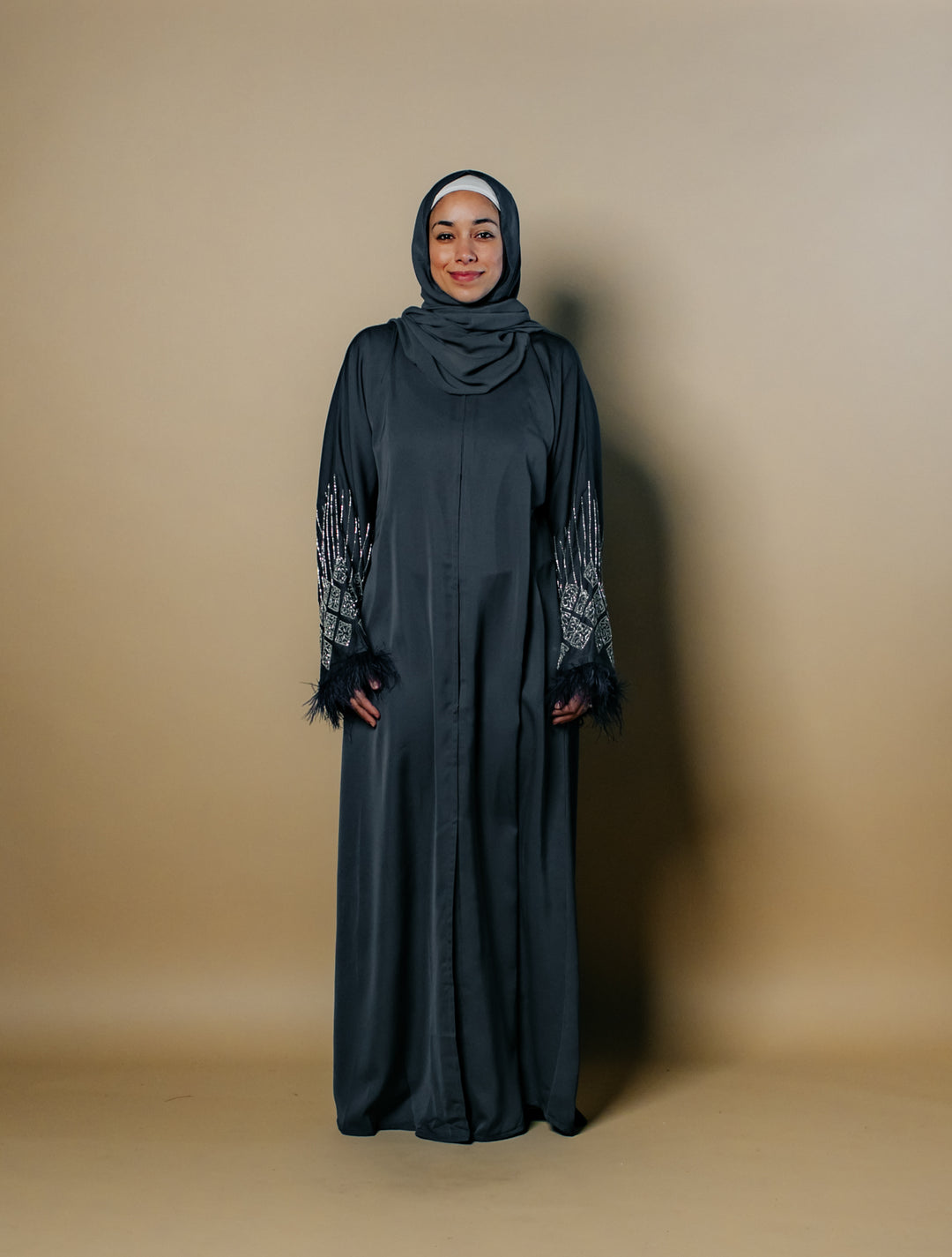 Fatima Nida Fabric One-Piece Abaya with Feathered Sleeves