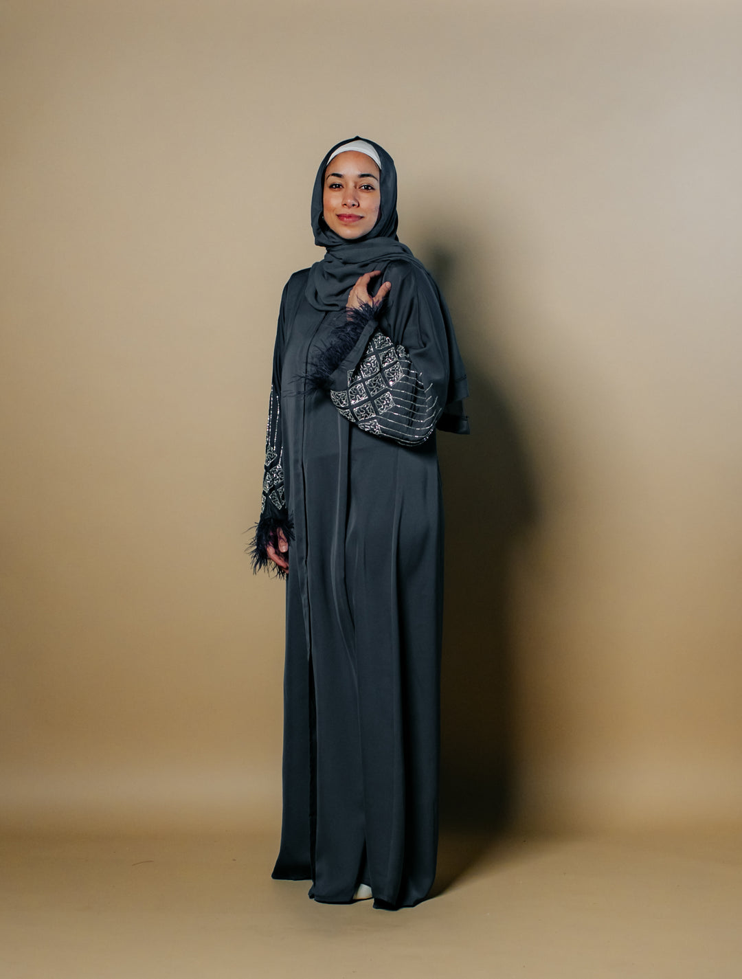 Fatima Nida Fabric One-Piece Abaya with Feathered Sleeves