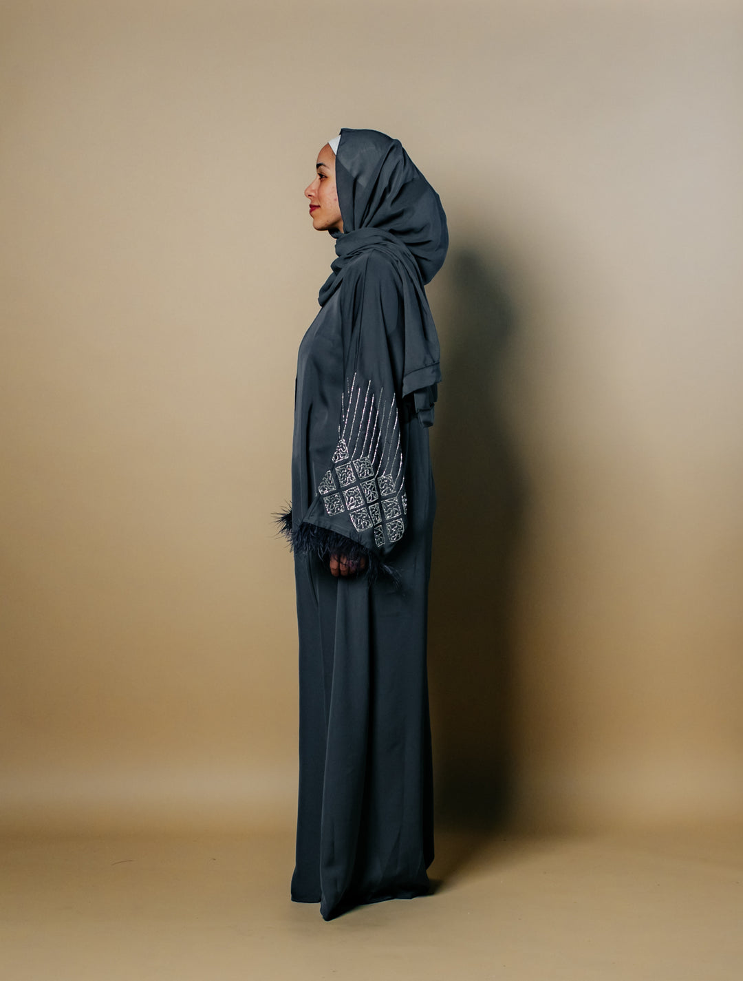 Fatima Nida Fabric One-Piece Abaya with Feathered Sleeves