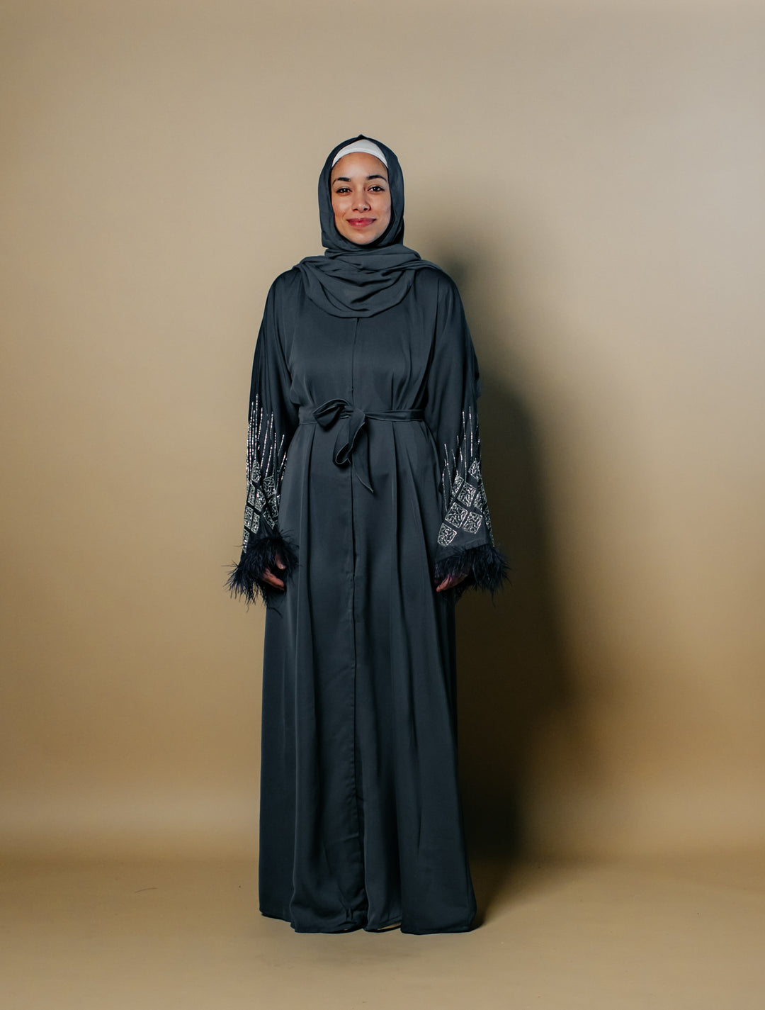 Fatima Nida Fabric One-Piece Abaya with Feathered Sleeves