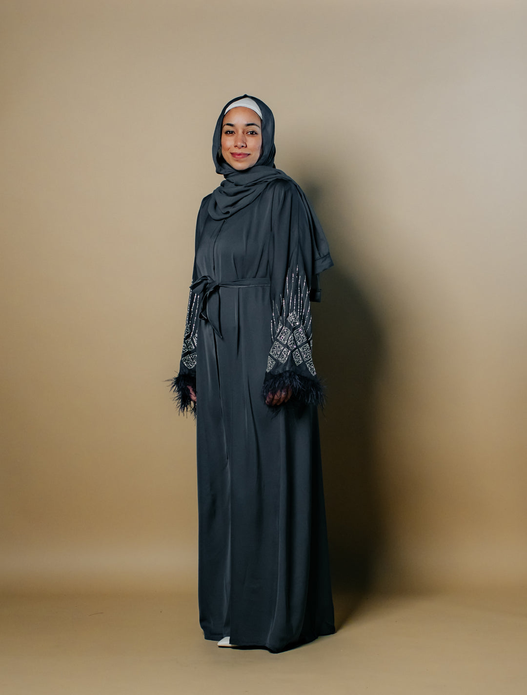 Fatima Nida Fabric One-Piece Abaya with Feathered Sleeves