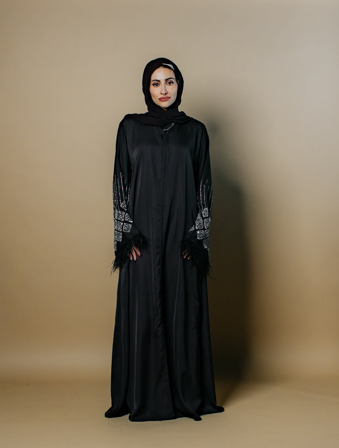 Fatima Nida Fabric One-Piece Abaya with Feathered Sleeves