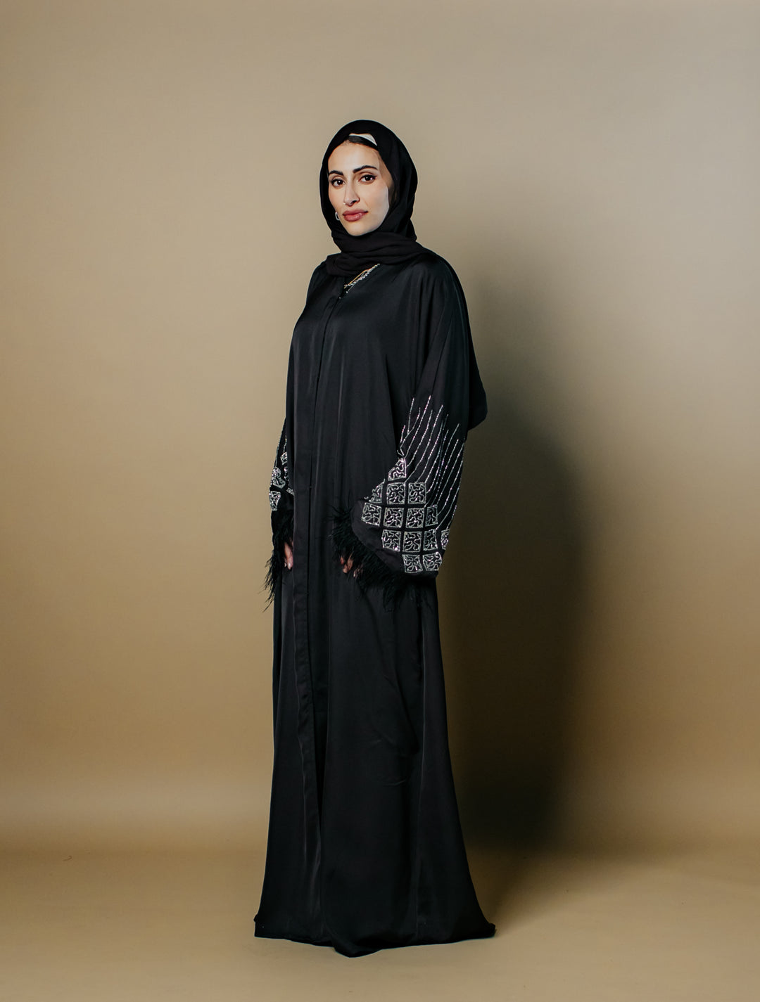 Fatima Nida Fabric One-Piece Abaya with Feathered Sleeves