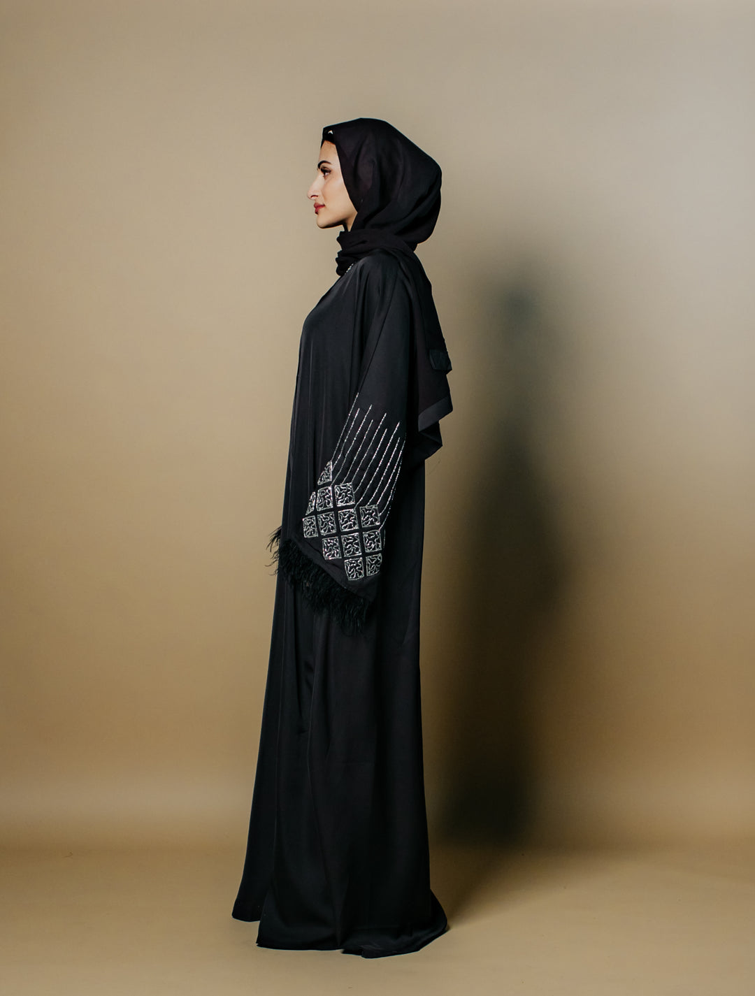 Fatima Nida Fabric One-Piece Abaya with Feathered Sleeves