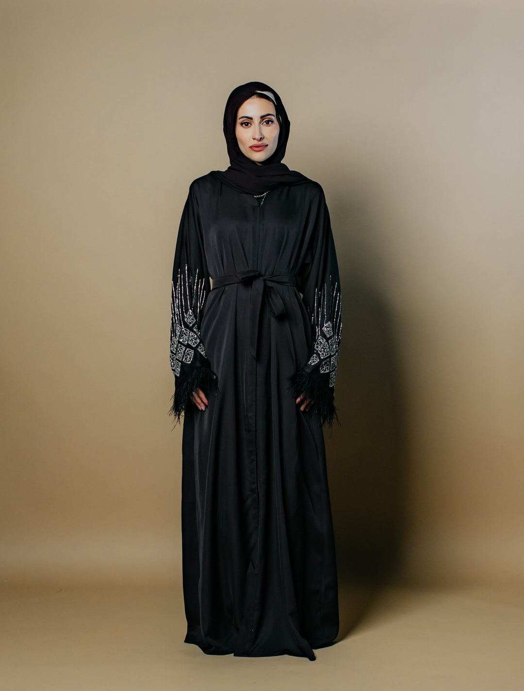 Fatima Nida Fabric One-Piece Abaya with Feathered Sleeves