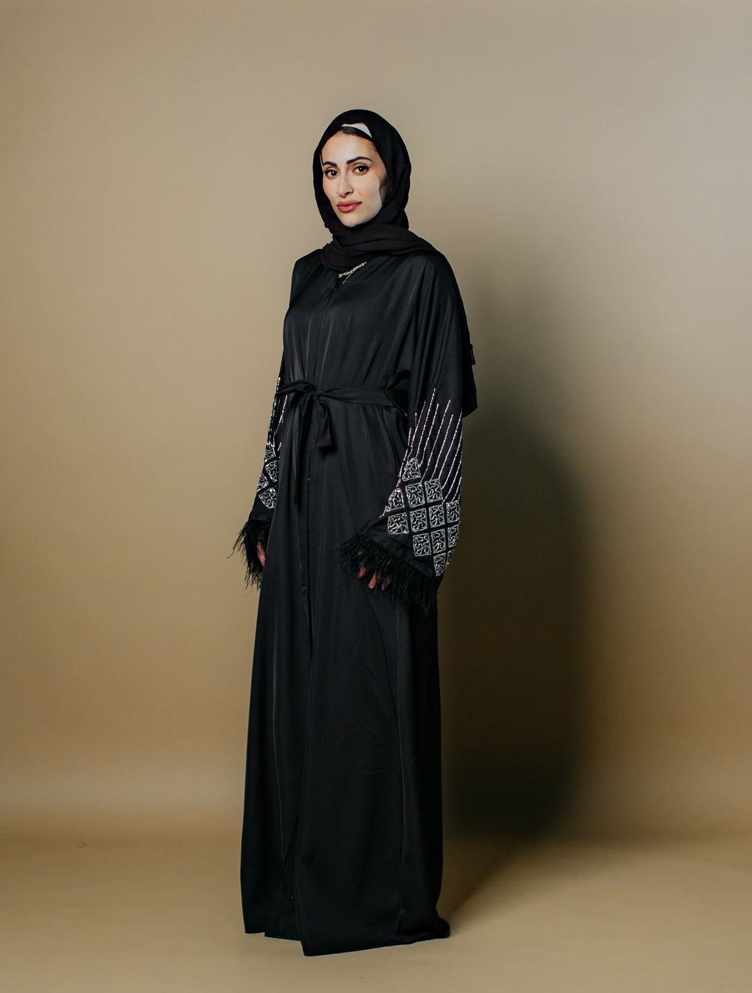 Fatima Nida Fabric One-Piece Abaya with Feathered Sleeves