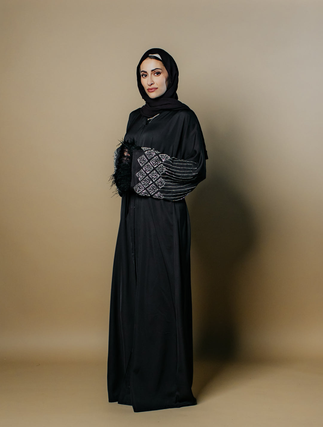 Fatima Nida Fabric One-Piece Abaya with Feathered Sleeves