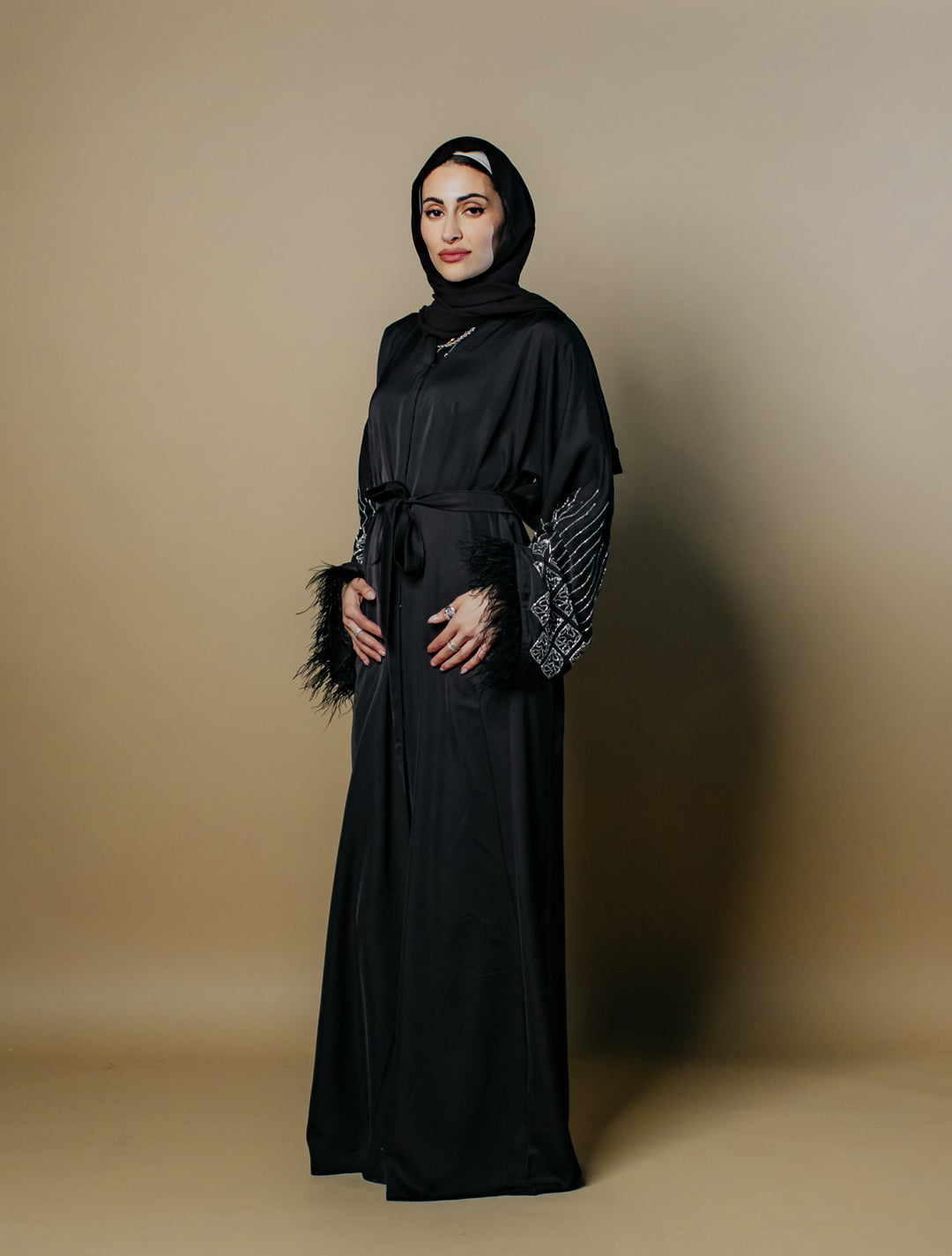 Fatima Nida Fabric One-Piece Abaya with Feathered Sleeves