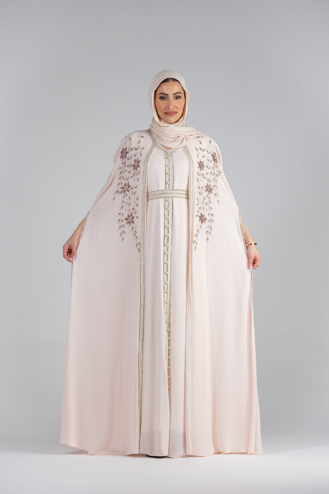 Zaina Floral Elegance Chiffon Kaftan with Hand Beaded Detailing