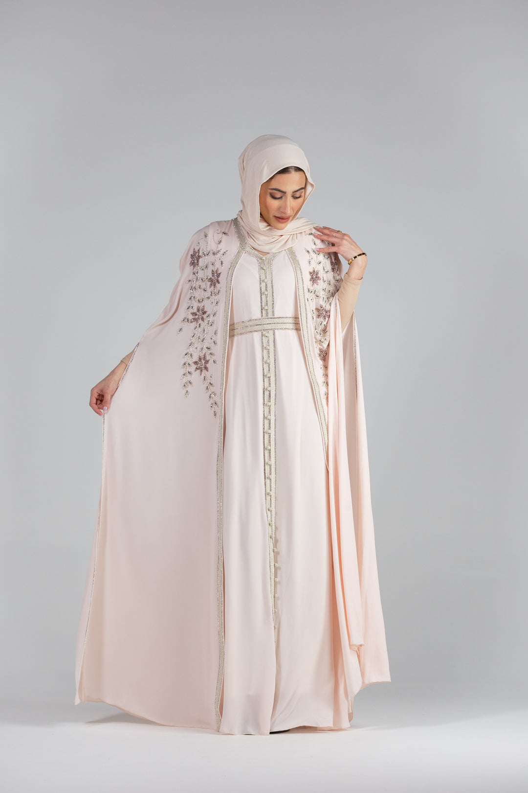 Zaina Floral Elegance Chiffon Kaftan with Hand Beaded Detailing