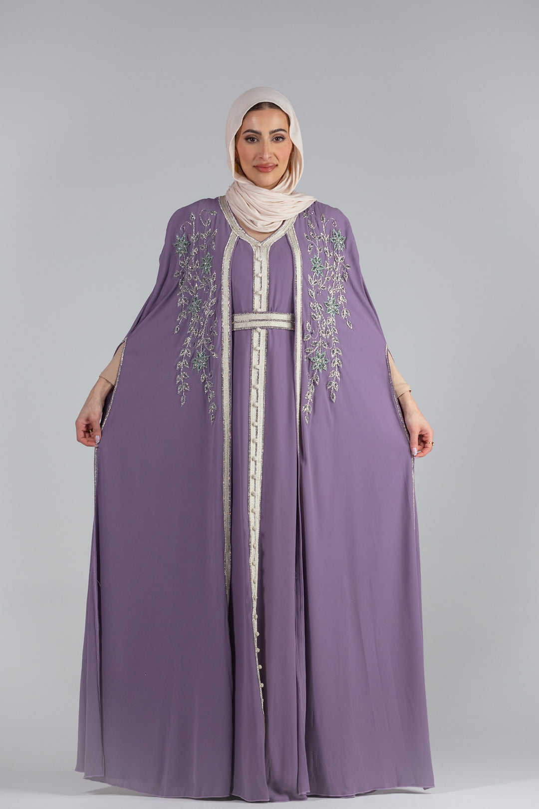 Zaina Floral Elegance Chiffon Kaftan with Hand Beaded Detailing