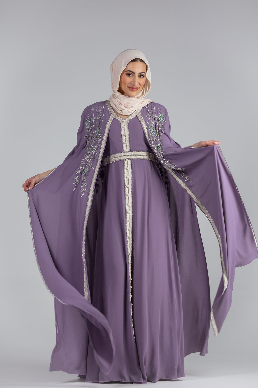 Zaina Floral Elegance Chiffon Kaftan with Hand Beaded Detailing