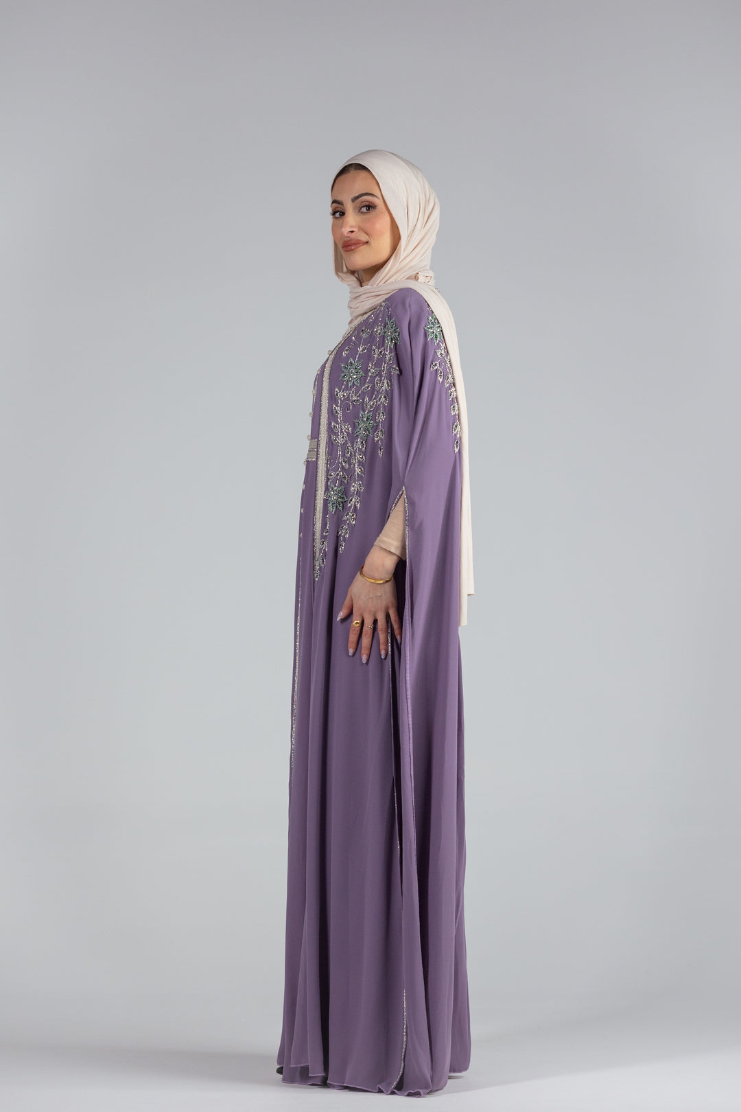 Zaina Floral Elegance Chiffon Kaftan with Hand Beaded Detailing