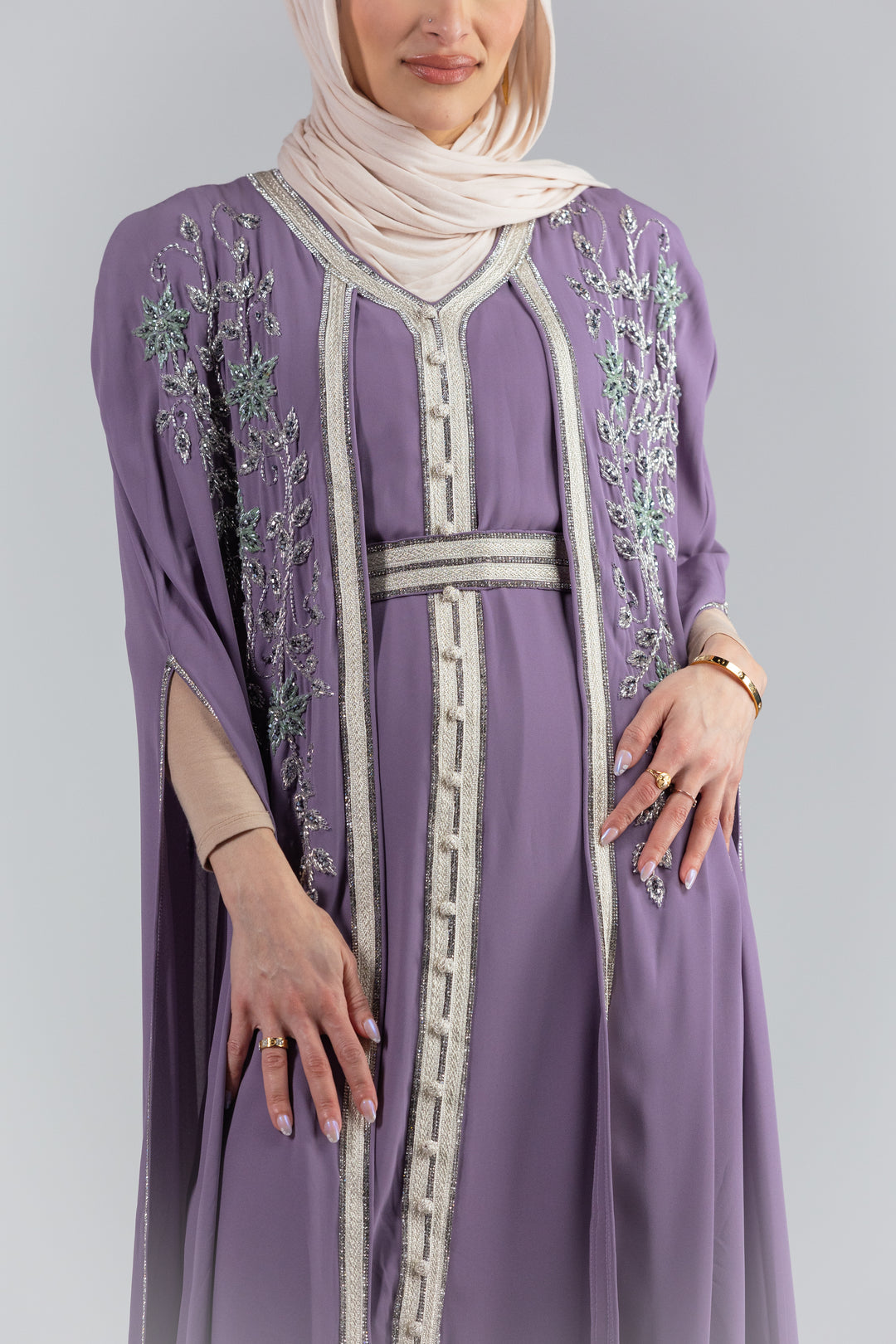 Zaina Floral Elegance Chiffon Kaftan with Hand Beaded Detailing