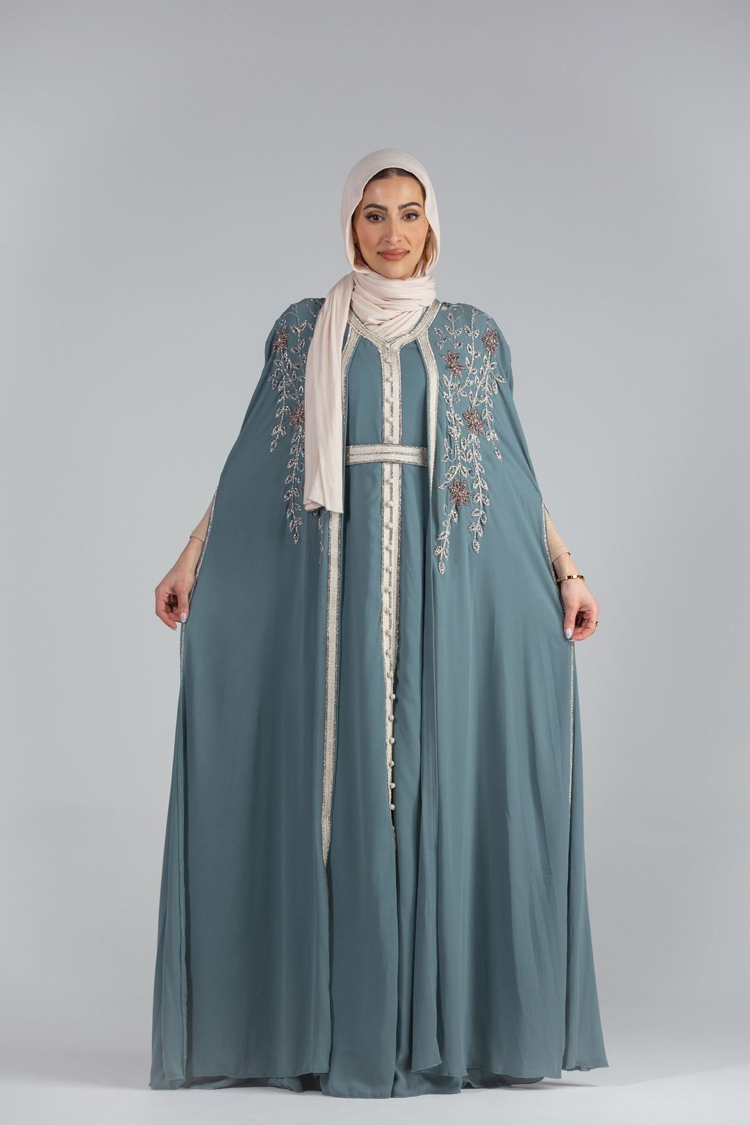 Zaina Floral Elegance Chiffon Kaftan with Hand Beaded Detailing