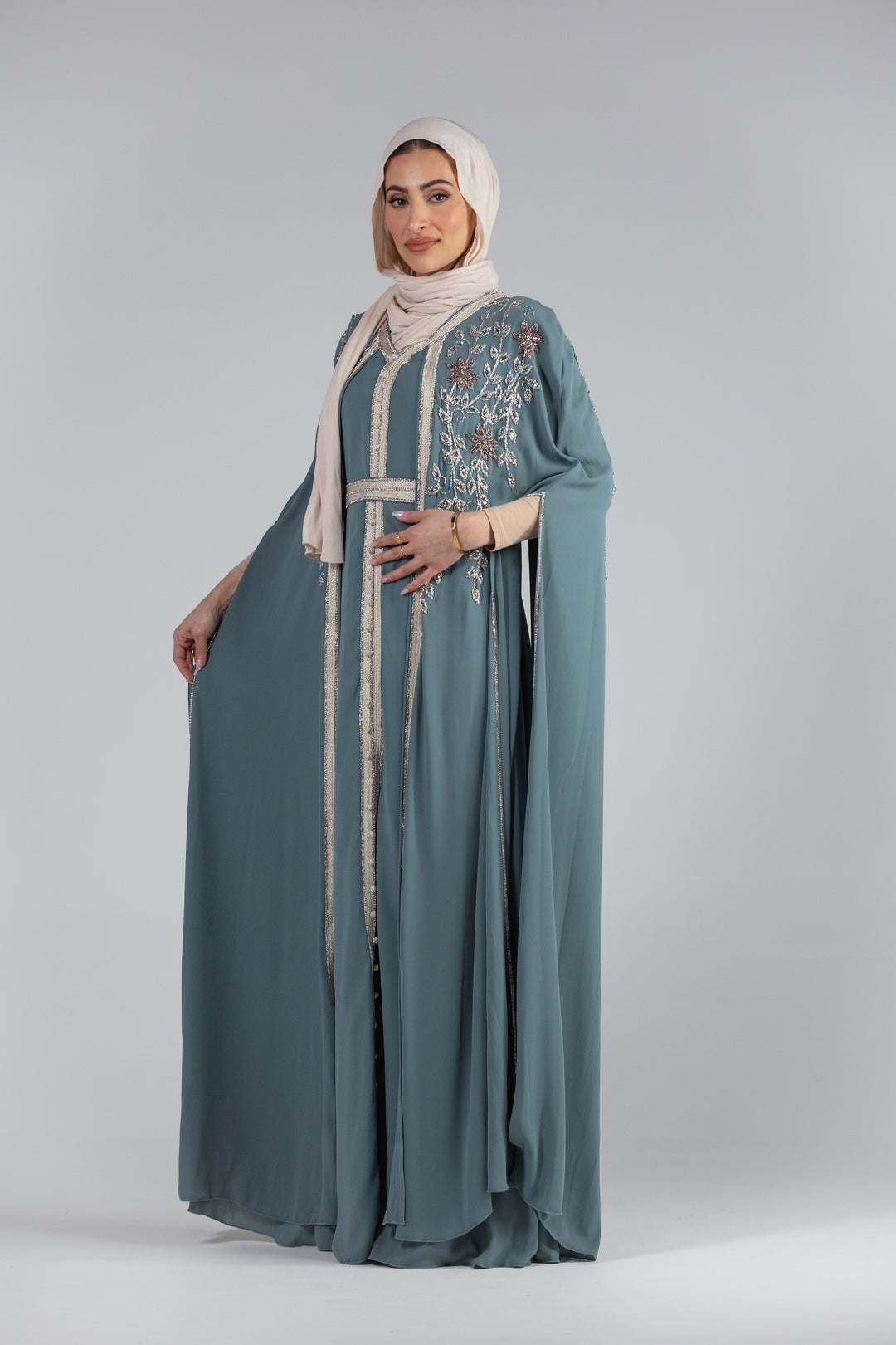 Zaina Floral Elegance Chiffon Kaftan with Hand Beaded Detailing