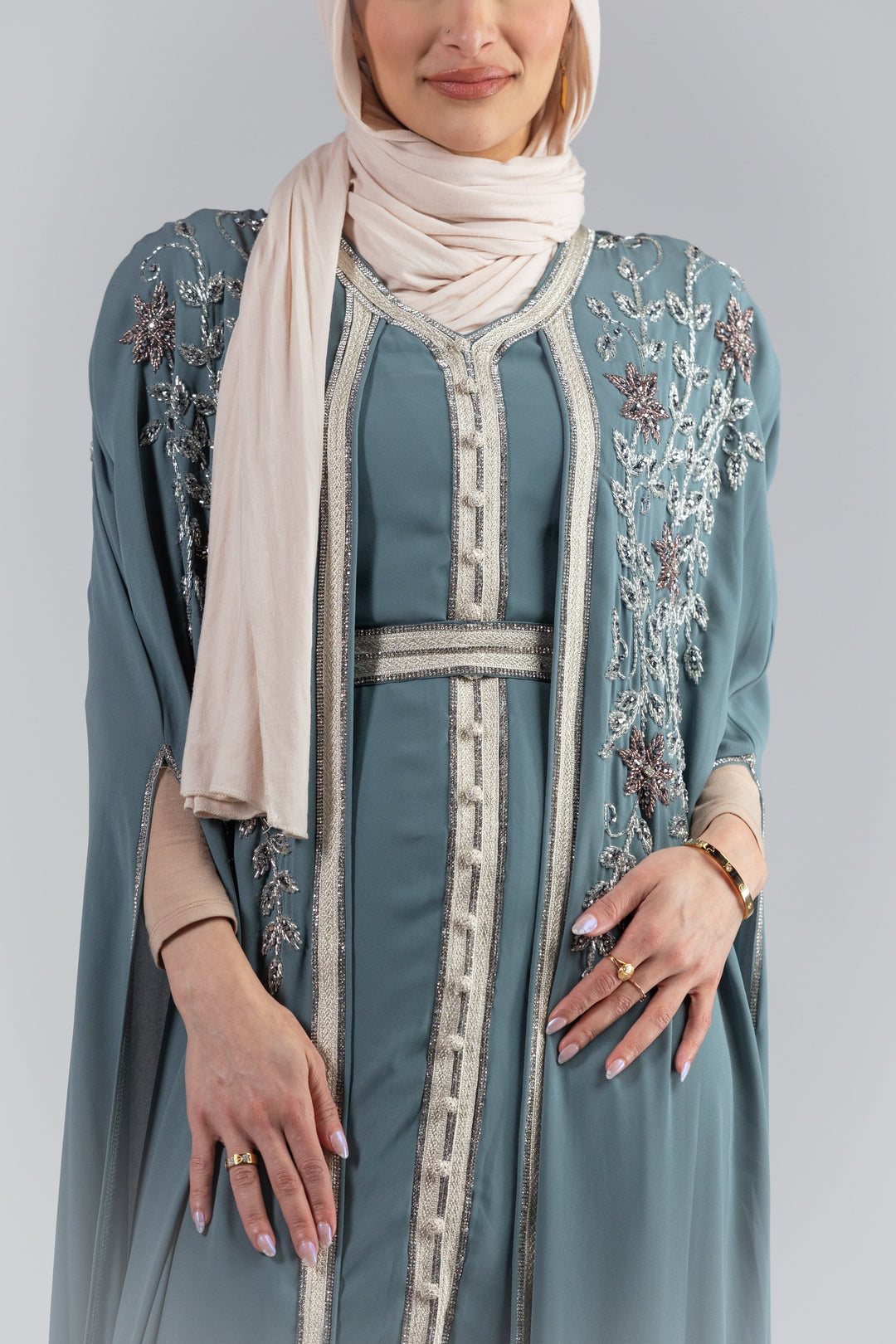 Zaina Floral Elegance Chiffon Kaftan with Hand Beaded Detailing