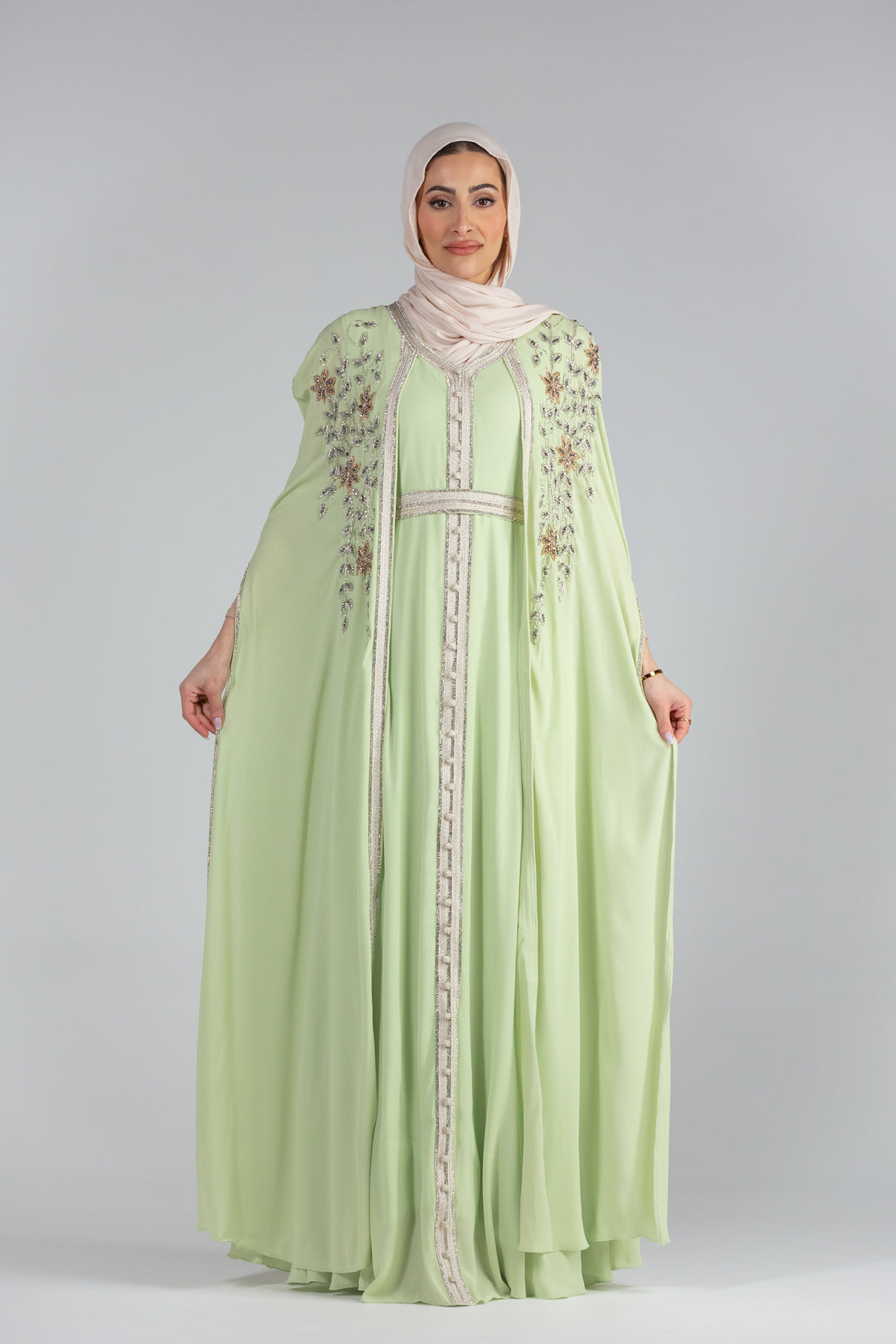 Zaina Floral Elegance Chiffon Kaftan with Hand Beaded Detailing