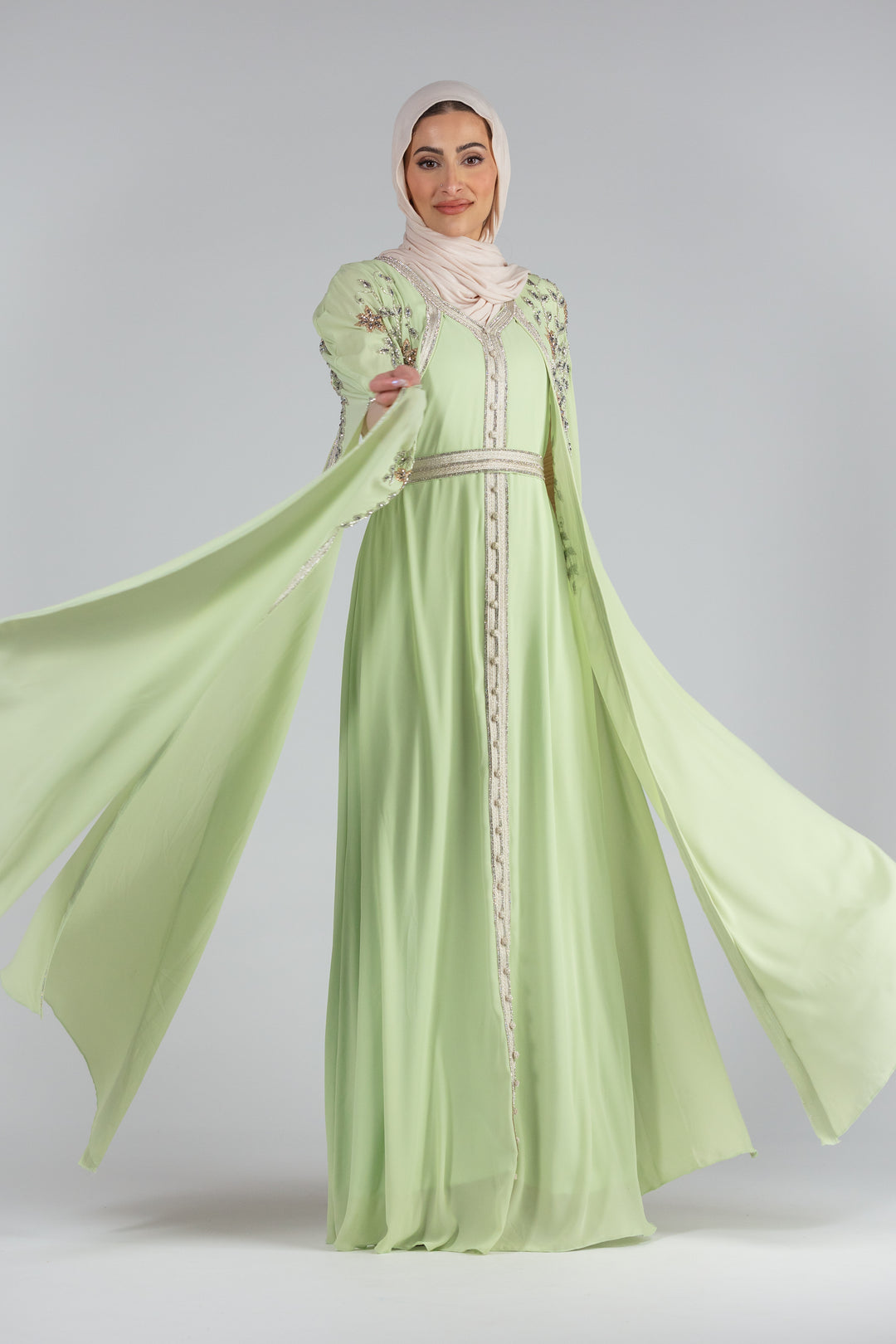 Zaina Floral Elegance Chiffon Kaftan with Hand Beaded Detailing