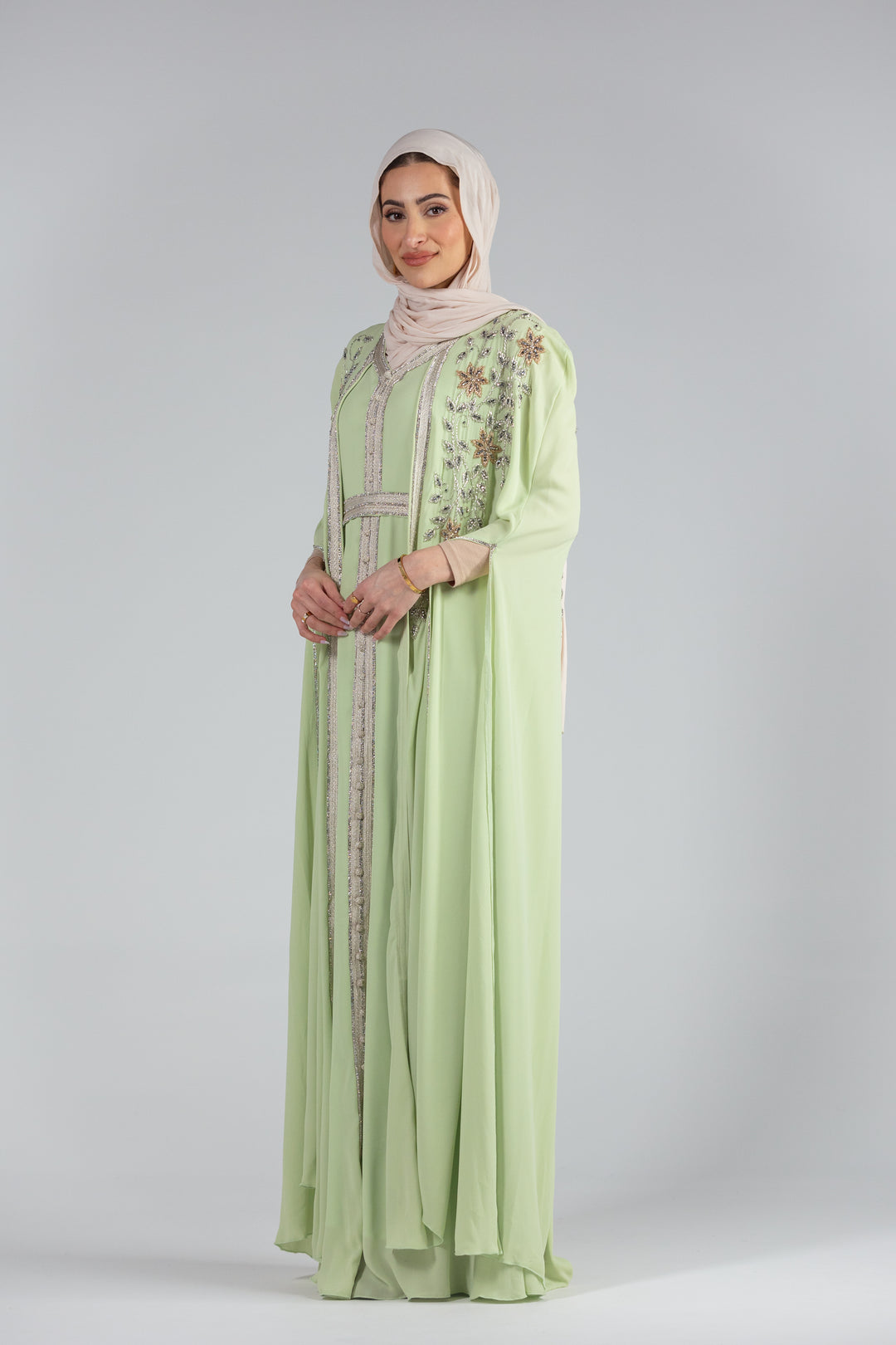 Zaina Floral Elegance Chiffon Kaftan with Hand Beaded Detailing