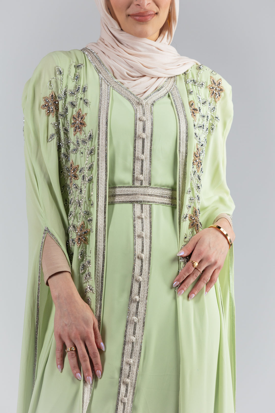 Zaina Floral Elegance Chiffon Kaftan with Hand Beaded Detailing