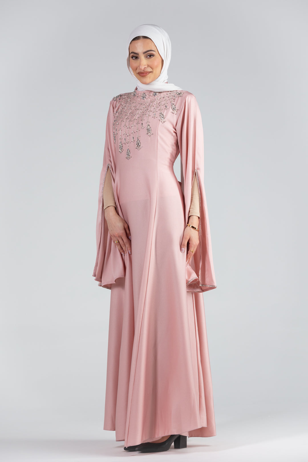 Mona Charmeuse Gown with Hand-Beaded Kimono Sleeves