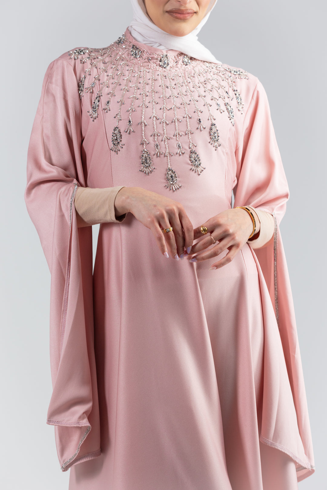 Mona Charmeuse Gown with Hand-Beaded Kimono Sleeves