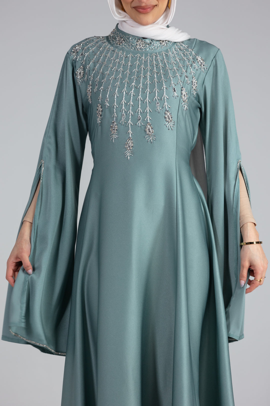 Mona Charmeuse Gown with Hand-Beaded Kimono Sleeves