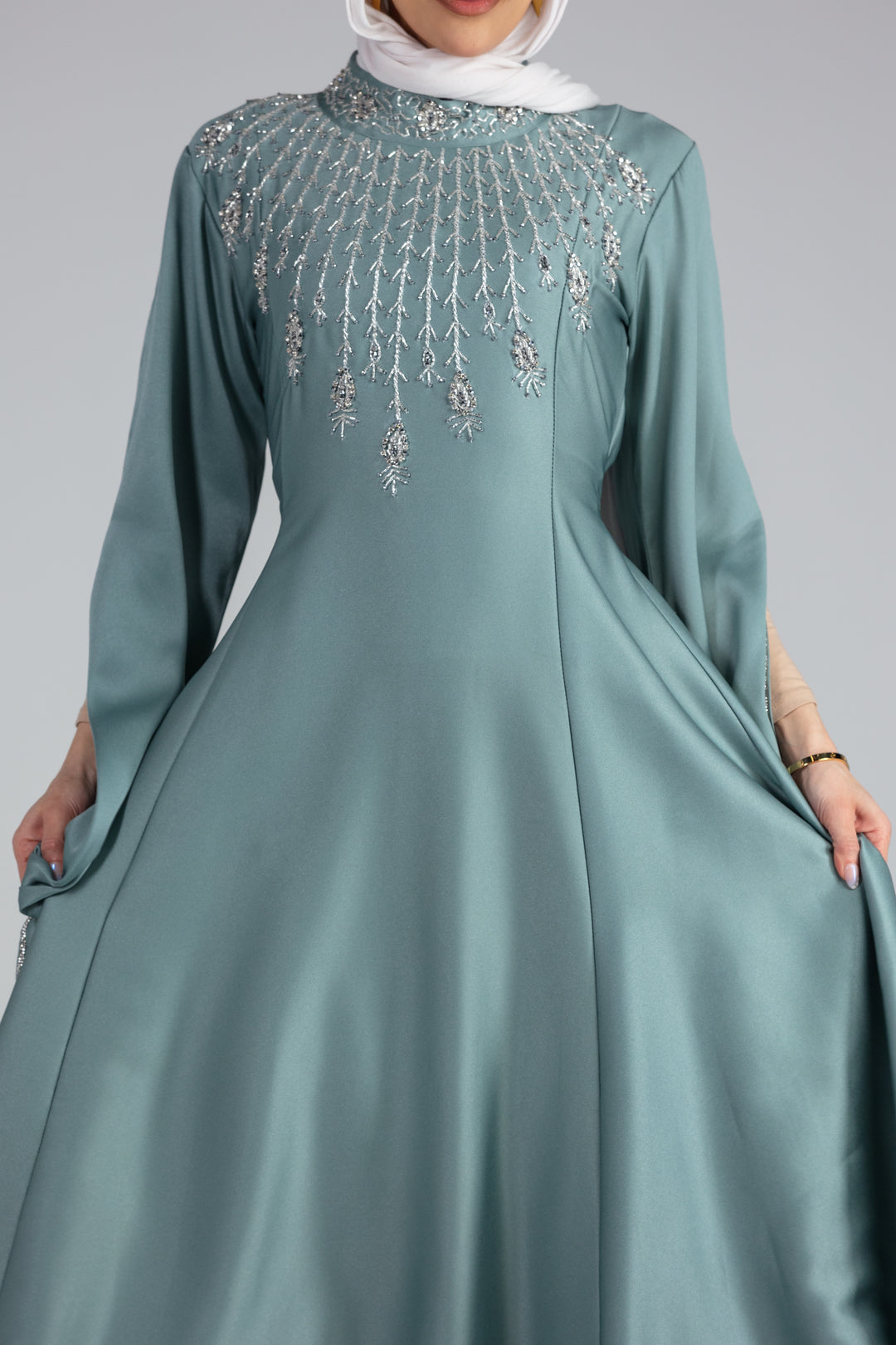 Mona Charmeuse Gown with Hand-Beaded Kimono Sleeves