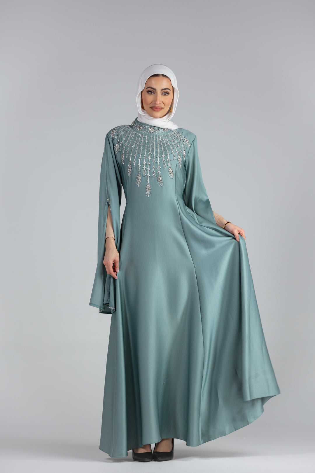 Mona Charmeuse Gown with Hand-Beaded Kimono Sleeves