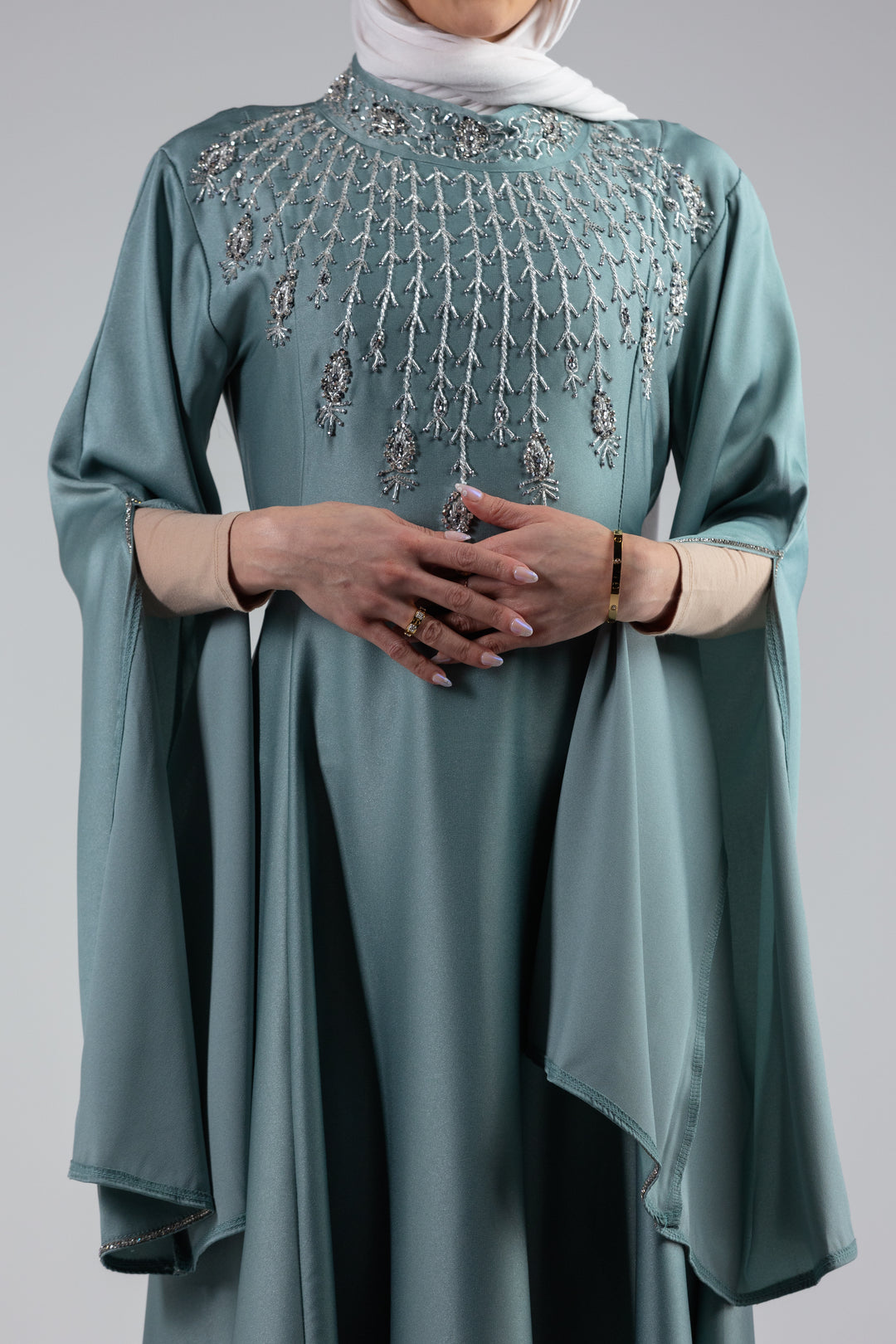 Mona Charmeuse Gown with Hand-Beaded Kimono Sleeves